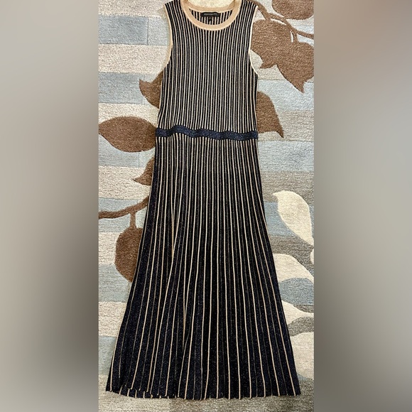 Banana Republic Sleeveless Metallic Stripes A-line Midi Sweater Dress Navy/Gold - Picture 3 of 12